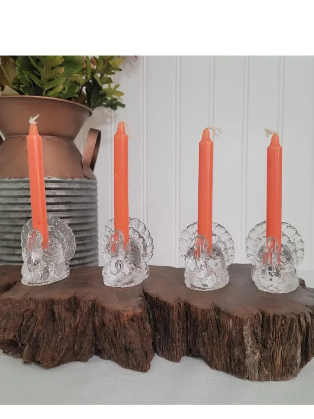 Williams Sonoma Glass Turkey SM Taper Candle Holders Fall Harvest -Set of 4